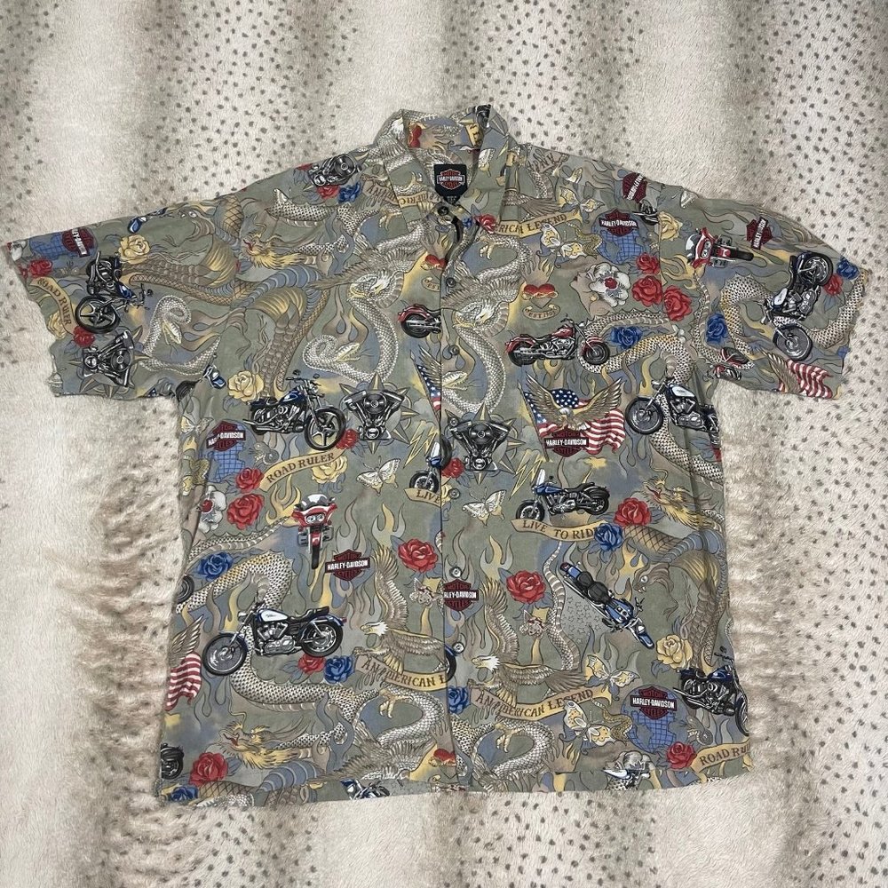 Harley Davidson all over print button down, tattoo, Hawaii, XL